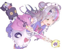  :d apron character_doll detached_sleeves double_bun female grey_hair hair_bun hair_ornament hairclip harapeko_zombie_inu highres holding holding_staff hololive jacket lolita_fashion long_hair magical_girl maid_headdress multicolored_hair murasaki_shion murasaki_shion_(magical_girl_maid) official_alternate_costume pink_hair pink_jacket purple_hair shiokko_(murasaki_shion) simple_background sleeveless smile solo staff streaked_hair stuffed_animal stuffed_cat stuffed_toy sweet_lolita triangle_hair_ornament v-shaped_eyebrows virtual_youtuber w_arms white_apron white_background yellow_eyes 