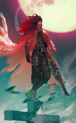  1boy black_hair cape clawed_gauntlets cloak covered_mouth cross fahmi_fauzi final_fantasy final_fantasy_vii gloves gun headband highres long_hair male_focus moon pale_skin pointed_footwear red_cloak red_eyes red_headband rifle torn_clothes vincent_valentine weapon 