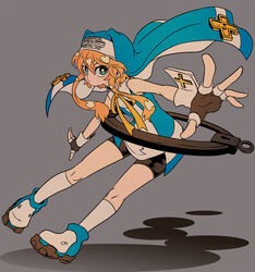  1boy bike_shorts black_gloves blonde_hair blue_dress bow bridget cross cuffs dress fingerless_gloves full_body gloves green_eyes guilty_gear guilty_gear_xx habit handcuffs latin_cross looking_at_viewer male_focus mars_symbol nun otoko_no_ko ribbon short_hair_with_long_locks solo suparu_(detteiu) yellow_bow yellow_ribbon 