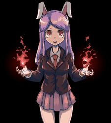  animal_ears black_background black_jacket commentary cookie_(touhou) cowboy_shot female fire highres hisui_(cookie) jacket long_hair looking_at_viewer magic necktie nob1109 open_mouth pink_skirt pleated_skirt purple_hair pyrokinesis rabbit_ears red_eyes red_necktie reisen_udongein_inaba shirt simple_background skirt solo swept_bangs touhou white_shirt 