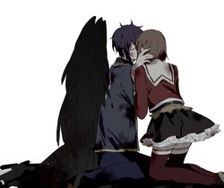  1boy angel_wings black_skirt black_wings blood blood_on_clothes blood_on_face brown_hair closed_eyes coat dance_with_devils fallen_angel feathered_wings female kissing natsumezaka_shiki purple_hair qi7pi red_coat short_hair skirt straight tachibana_ritsuka wings 