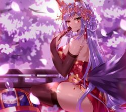  absurdres animal_ear_fluff animal_ears ass bare_shoulders black_thighhighs blush breasts bridal_gauntlets cherry_blossoms china_dress chinese_clothes dress facial_mark female flower folding_fan fox_ears fox_girl fox_tail hair_flower hair_ornament hand_fan heiyan_shenshi highres holding holding_fan large_breasts long_hair looking_at_viewer pink_nails purple_hair red_dress sitting smile solo tail thighhighs tower_of_saviors 