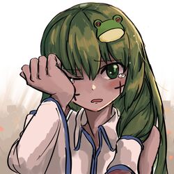  blush commentary_request cookie_(touhou) cross facepaint female frog_hair_ornament green_eyes green_hair hair_between_eyes hair_ornament hair_tubes highres kochiya_sanae long_hair looking_at_viewer nob1109 one_eye_closed open_mouth paseri_(cookie) shirt solo tearing_up tears touhou upper_body white_shirt wiping_tears 