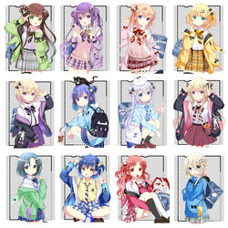  6+girls :d :o :p abstract_background absurdres angora_rabbit animal animal_ears animal_hood animal_on_head anko_(gochiusa) aoyama_blue_mountain aqua_eyes arm_up asymmetrical_legwear bag bag_charm bandaged_leg bandages belt belt_buckle black_bow black_cat black_footwear black_jacket black_socks black_thighhighs blonde_hair blue_bag blue_bow blue_eyes blue_shirt blue_skirt blue_socks blunt_bangs bow breasts brown_bow brown_footwear brown_hair bubble_tea buckle candy cellphone charm_(object) closed_mouth clothes_around_waist collared_shirt commentary_request cowboy_shot cup diagonal-striped_bow diagonal-striped_clothes diagonal-striped_necktie disposable_cup dotted_line double_bun double_v dress_shirt drinking_straw eyepatch fake_animal_ears feline flat_chest flower food fuiba_fuyu gochuumon_wa_usagi_desu_ka? green_eyes green_jacket grey_background grey_skirt hair_between_eyes hair_bun hair_ornament hairbow hairclip hand_up hands_up heart heart_belt heart_hair_ornament highres holding holding_candy holding_cup holding_food holding_lollipop holding_phone hood hood_down hooded_jacket hoodie hoto_cocoa jacket jinja_eru jinja_natsume jouga_maya kafuu_chino kirima_syaro kneehighs loafers lollipop long_hair long_sleeves looking_at_viewer lop_rabbit_ears maid_headdress mate_rin medium_breasts medium_hair multiple_girls nail_polish natsu_megumi necktie off_shoulder official_alternate_costume official_style on_head one_side_up open_clothes open_jacket outstretched_arm parted_lips phone phone_with_ears pink_jacket pink_nails pink_skirt plaid plaid_skirt pleated_skirt pocket puffy_long_sleeves puffy_sleeves purple_bow purple_eyes purple_hair purple_jacket purple_nails purple_skirt rabbit rabbit_ears rabbit_hair_ornament rabbit_hood rabbit_house_logo red_bow red_skirt ryoutan school_bag school_uniform shirt shirt_tucked_in shoes siblings single_kneehigh single_side_bun single_sock single_thighhigh sisters skirt sleeves_past_wrists smile socks squatting striped_clothes studded_thigh_strap stuffed_animal stuffed_rabbit stuffed_toy sweater_vest tedeza_rize thigh_gap thigh_strap thighhighs tippy_(gochiusa) tongue tongue_out twintails two-tone_background ujimatsu_chiya v very_long_hair white_background white_bow white_flower white_hair white_shirt white_thighhighs wild_geese x_hair_ornament yellow_bow yellow_hoodie yellow_jacket yellow_shirt yellow_skirt yellow_theme zettai_ryouiki 