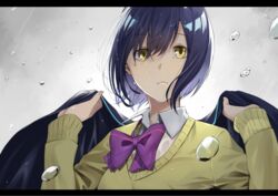  black_hair bow eyebrows_hidden_by_hair female hair_between_eyes highres hitotose_hirune holding holding_clothes holding_jacket jacket letterboxed looking_at_viewer nijisanji open_mouth rain ribbon school_uniform shizuka_rin shizuka_rin_(1st_costume) short_hair solo sweater upper_body virtual_youtuber yellow_eyes 