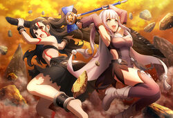  2girls :d absurdres armor armpits arms_up bandeau black_bandeau black_hair black_skirt blunt_bangs bracelet breasts brown_eyes cape cloud cloudy_sky cosplay crossover d4dj detached_sleeves fate/kaleid_liner_prisma_illya fate_(series) faulds grey_cape grey_footwear hair_ornament hairclip heracles_(fate) heracles_(fate)_(cosplay) highres holding holding_staff holding_sword holding_weapon izumo_saki jewelry leotard long_hair long_sleeves magical_girl magical_sapphire miyu_edelfelt miyu_edelfelt_(cosplay) multiple_girls outdoors purple_leotard purple_sleeves purple_thighhighs skirt sky small_breasts smile staff sword thighhighs underboob very_long_hair weapon white_hair yellow_sky 