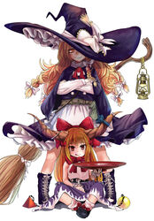  2girls apron belt black_footwear blonde_hair blue_footwear blue_headwear blue_skirt blue_vest boots bow broom brown_belt brown_eyes cape chains commentary_request cross-laced_footwear crossed_arms cup doitsuken hairbow hat hat_bow horns ibuki_suika kirisame_marisa lantern licking_lips long_hair long_sleeves looking_at_viewer multiple_girls one_eye_covered orange_hair pigeon-toed purple_skirt quad_braids red_bow sakazuki shirt shoes simple_background sitting skirt skirt_set sleeveless sleeveless_shirt smile socks standing tongue tongue_out touhou triangle vest waist_apron white_background white_bow witch_hat wrist_cuffs yellow_eyes 