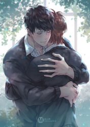  2boys artist_name back black_hair black_sweater blush brown_hair closed_eyes closed_mouth collared_shirt day fingernails from_behind greenhouse height_difference hug indoors kashima_yuu_(yarichin_bitch-bu) long_sleeves male_focus minoru_(minoru_uwutemp) multiple_boys plant school_uniform shirt short_hair smile standing sweater toono_takashi upper_body white_shirt window yaoi yarichin_bitch-bu 