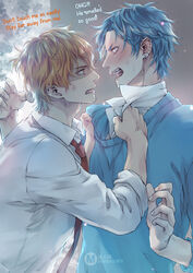  2boys anger_vein angry artist_name blue_hair blue_sweater blush clothes_grab collared_shirt day ear_piercing english_text eye_contact eyebrows fingernails hands_up height_difference looking_at_another male_focus minoru_(minoru_uwutemp) multiple_boys necktie oerba_yun_fang open_mouth orange_eyes orange_hair outdoors piercing profile red_necktie school_uniform shirt short_hair sleeves_rolled_up standing sweatdrop sweater tamura_yui teeth tongue upper_body veins white_shirt yaguchi_kyousuke yaoi yarichin_bitch-bu 