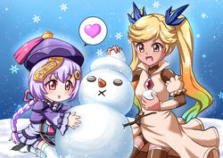  2girls :d absurdres amulet atawatsho bead_necklace beads blonde_hair bow braid brown_eyes brown_legwear coin_hair_ornament commentary crossover dark_skin detached_sleeves english_commentary genshin_impact gradient_hair granblue_fantasy hair_between_eyes hair_ornament hair_ribbon hairbow hat heart highres holding horizon io_(granblue_fantasy) jewelry jiangshi long_hair low_ponytail multicolored_hair multiple_girls necklace ofuda open_mouth purple_eyes purple_hair qingdai_guanmao qiqi_(genshin_impact) ribbon sidelocks single_braid sitting smile snow snowball snowflakes snowing snowman spoken_heart tamura_yukari thighhighs twintails voice_actor_connection wariza white_legwear wide_sleeves 