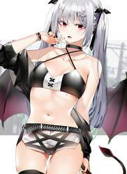  bare_shoulders belt bikini black_nails black_ribbon collarbone cowboy_shot criss-cross_halter cropped_jacket demon_tail demon_wings female grey_hair hair_ornament hair_ribbon halterneck hand_up highres jacket long_hair midriff mole navel off_shoulder open_mouth original orihi_chihiro pentagram pink_eyes ribbon short_shorts shorts sidelocks smile solo star_(symbol) star_hair_ornament stomach swimsuit tail thighhighs thighs twintails wings wristband 