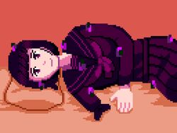  amputee anna_graem bed commission commissioner_upload distortion female glitch head_on_pillow looking_at_viewer lying on_side pillow pixel_art purple_eyes purple_hair retrocandyart short_hair simple_background smile solo va-11_hall-a 