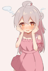  absurdres ahoge bare_arms bare_shoulders blush brown_eyes commentary_request dress embarrassed female grey_background grey_hair hair_between_eyes half_updo hands_on_own_cheeks hands_on_own_face highres long_hair looking_at_viewer nekomotowata off-shoulder_dress off_shoulder onii-chan_wa_oshimai! open_mouth oyama_mahiro pink_dress simple_background solo steam 