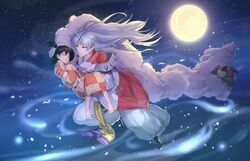  2boys armor barefoot black_hair closed_eyes closed_mouth crescent facial_mark female forehead_mark full_moon fur gogo_(detteiu_de) highres inuyasha jaken japanese_clothes kimono long_hair moon multiple_boys pointy_ears rin_(inuyasha) sesshoumaru white_hair yellow_eyes 