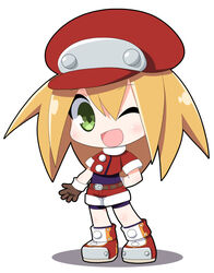  belt bike_shorts blonde_hair brown_gloves cabbie_hat chibi covered_navel cropped_jacket female full_body gloves green_eyes hat jacket long_hair looking_at_viewer mega_man_(series) mega_man_legends_(series) one_eye_closed open_mouth osaragi_mitama red_hat red_jacket red_shorts roll_caskett_(mega_man) short_sleeves shorts simple_background smile solo white_background 