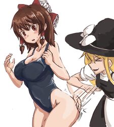  &gt;_&lt; 2girls alternate_costume apron ass_smack black_one-piece_swimsuit black_skirt black_vest blonde_hair blush bow breasts brown_hair cleavage commentary_request cookie_(touhou) cowboy_shot frilled_bow frilled_hair_tubes frills hair_tubes hairbow hakurei_reimu hat hat_bow highleg highleg_swimsuit highres kirisame_marisa large_breasts long_hair medium_hair motion_lines multiple_girls nob1109 one-piece_swimsuit open_mouth red_bow red_eyes reu_(cookie) school_swimsuit shirt simple_background skirt swimsuit touhou uzuki_(cookie) vest waist_apron white_apron white_background white_bow white_shirt witch_hat 