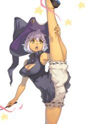  breasts brown_eyes cleavage_cutout clothing_cutout commentary dress english_commentary female grey_dress hat highres holding holding_wand kneepits large_breasts leg_up light_purple_hair meme open_mouth original purple_hat shoes shorts simple_background solo split standing standing_on_one_leg standing_split star_(symbol) teeth upper_teeth_only vins-mousseux wand white_background white_shorts witch witch_hat 