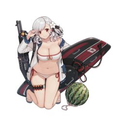  ammunition ass_visible_through_thighs bare_shoulders bikini black_ribbon blue_footwear blue_jacket blush braid breasts charm_(object) cleavage collarbone combat_shotgun feet female flower food food-themed_ornament fruit full_body girls&#039;_frontline grey_hair gun gun_sling hair_flower hair_ornament hair_ribbon hand_up handle head_tilt holding holding_surfboard jacket kneeling large_breasts long_hair long_sleeves looking_at_viewer multicolored_clothes multicolored_jacket navel official_alternate_costume official_art open_clothes open_jacket plump pocket pump_action red_eyes red_ribbon ribbon sandals shield shotgun shotgun_shell shotgun_speedloader side-tie_bikini_bottom skindentation sleeve_cuffs smile solo spas-12 spas-12_(girls&#039;_frontline) spas-12_(midsummer_fruit)_(girls&#039;_frontline) stomach strap surfboard swimsuit terras thigh_strap thighs toes transparent_background twintails two-tone_jacket two-tone_ribbon watermelon wavy_hair weapon white_bikini white_flower white_jacket 