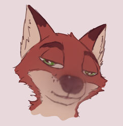  anthro canid canine disney drugs ears_up eyes_mostly_closed famished_(artist) fox fur green_eyes headshot_portrait hi_res male mammal narrowed_eyes nick_wilde portrait red_body red_fox red_fur simple_background solo stoned substance_intoxication true_fox white_background zootopia 