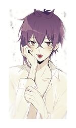  1boy blush brown_eyes collared_shirt commentary_request dance_with_devils head_rest long_sleeves looking_at_viewer male_focus natsumezaka_shiki purple_hair qi7pi shirt short_hair solo tongue tongue_out white_background white_shirt 