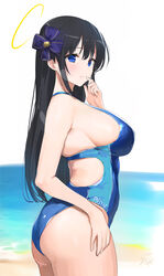  ass back_cutout beach black_hair blue_eyes blush breasts clothing_cutout competition_swimsuit female halo highres large_breasts light_smile looking_at_viewer looking_to_the_side one-piece_swimsuit ryouki_(senran_kagura) senran_kagura senran_kagura_estival_versus sideboob signature solo straight_hair swimsuit yaegashi_nan 