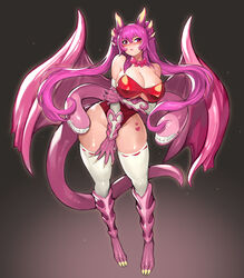  animal_hands bare_shoulders blush bow bowtie breasts claws cleavage commission dragon_girl dragon_wings extra_mouth female full_body gurimjang heart heart_tattoo highres horns jabberwock_(monster_girl_encyclopedia) large_breasts long_hair long_legs monster_girl monster_girl_encyclopedia pixiv_commission purple_hair red_eyes revealing_clothes solo tail tattoo thighhighs thighs twintails wings 