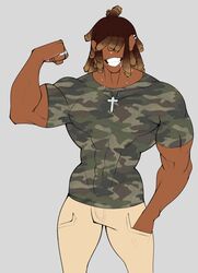  big_hands bottomwear brown_hair clothed clothing dark_body dark_skin digital_media_(artwork) dreadlocks ear_piercing flexing gomibin_art grey_background hair hand_in_pocket hi_res highlights_(coloring) human humanoid long_hair looking_at_viewer male mammal muscular muscular_male not_furry pants piercing pockets sharp_teeth shirt simple_background smile smiling_at_viewer solo standing teeth topwear troy_(gomibin_art) 