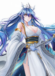  arknights bad_id bad_pixiv_id bare_shoulders blue_hair blue_skin blush bracelet breasts cleavage collarbone colored_skin detached_sleeves dragon_horns dress earrings female gradient_hair hair_between_eyes highres holding holding_smoking_pipe horns jewelry large_breasts ling_(arknights) ling_(it_does_wash_the_strings)_(arknights) long_hair long_sleeves looking_at_viewer minuolin multicolored_hair official_alternate_costume parted_lips pointy_ears purple_eyes purple_hair sash simple_background smile smoking_pipe solo tail very_long_hair white_background white_dress wide_sleeves 