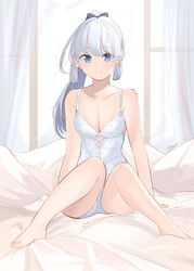  absurdres alternate_costume bare_legs barefoot black_bow blue_eyes blue_hair bow breasts collarbone curtains female genshin_impact hair_ribbon hairbow highres kamisato_ayaka light_blue_hair long_hair looking_at_viewer mole mole_under_eye on_bed penguin_sensei_(artist) ponytail ribbon sitting smile solo tress_ribbon white_negligee window 