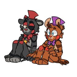  1:1 3_toes 4_fingers animatronic anthro bear black_body black_fur blue_eyes brown_body brown_fur claws duo ears_down ears_up feet fingers five_nights_at_freddy&#039;s freddy_fazbear&#039;s_pizzeria_simulator fur half-closed_eyes hi_res inner_ear_fluff kinoselynn lefty_(fnaf) machine male mammal narrowed_eyes pivoted_ears red_body red_cheeks red_nose ribbons robot rockstar_freddy_(fnaf) scottgames sitting toes tuft yellow_eyes 