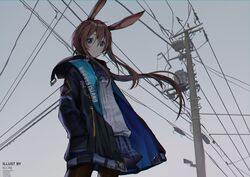  absurdres amiya_(arknights) animal_ears arknights artist_name black_pantyhose blue_eyes blue_skirt blush brown_hair closed_mouth cloud cloudy_sky commentary_request expressionless female highres ku-ini long_hair looking_at_viewer outdoors pantyhose power_lines rabbit_ears rabbit_girl skirt sky solo 