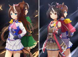  3girls absurdres ahoge animal_ears back-to-back bad_id bad_pixiv_id blue_eyes breasts brown_hair cleavage commentary detached_sleeves gloves highres horse_ears horse_girl horse_tail hozuka kitasan_black_(umamusume) long_hair long_sleeves multicolored_hair multiple_girls red_eyes short_hair smile streaked_hair symboli_rudolf_(umamusume) tail tokai_teio_(umamusume) umamusume uniform 