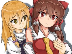  2girls black_vest blonde_hair blush bow braid brown_hair closed_mouth commentary_request cookie_(touhou) detached_sleeves frilled_shirt_collar frills hair_between_eyes hairbow hakurei_reimu highres kirisame_marisa long_hair looking_at_viewer multiple_girls necktie no_headwear nob1109 open_mouth purple_bow red_bow red_eyes red_shirt reu_(cookie) ribbon-trimmed_sleeves ribbon_trim shirt side_braid simple_background single_braid sleeveless sleeveless_shirt smile touhou upper_body uzuki_(cookie) vest white_background white_shirt white_sleeves yellow_eyes yellow_necktie 