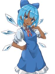  annyui_(cookie) blue_bow blue_dress blue_eyes blue_hair bow cirno commentary cookie_(touhou) dark-skinned_female dark_skin dress feet_out_of_frame female hairbow highres ice ice_wings looking_at_viewer neck_ribbon nob1109 open_mouth pinafore_dress puffy_short_sleeves puffy_sleeves red_ribbon ribbon shirt short_hair short_sleeves simple_background sleeveless sleeveless_dress solo tan tanned_cirno touhou white_background white_shirt wing_collar wings 