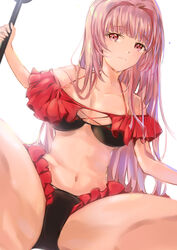  absurdres azur_lane bikini black_bikini commentary female frilled_bikini frills from_below highres holding holding_paddle long_hair looking_at_viewer looking_down multi-strapped_bikini multicolored_clothes multicolored_swimsuit off-shoulder_bikini off_shoulder paddle pink_eyes pink_hair princeton_(azur_lane) princeton_(seaside_training)_(azur_lane) red_bikini shika_(shika0) simple_background solo swimsuit white_background 