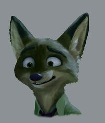  anthro canid canine confusion disney ears_up famished_(artist) fox green_eyes grey_background headshot_portrait hi_res male mammal necktie nick_wilde portrait red_fox simple_background solo teeth_showing true_fox zootopia 