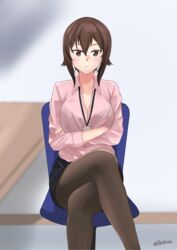  black_pantyhose black_skirt bluff260 blurry blurry_background blush breasts brown_eyes brown_hair chair cleavage closed_mouth collared_shirt commentary crossed_arms female girls_und_panzer highres indoors lanyard light_frown looking_at_viewer medium_breasts miniskirt nishizumi_maho office_chair office_lady pantyhose pencil_skirt pink_shirt shirt short_hair sitting skirt solo swivel_chair twitter_username 