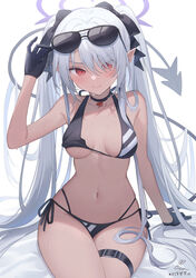  absurdres bare_arms bare_shoulders bikini black_bikini black_gloves black_ribbon blue_archive breasts choker commentary dark-skinned_female dark_skin demon_tail eyewear_on_head female gloves grey_hair hair_over_one_eye hair_ribbon halo halterneck highres iori_(blue_archive) iori_(swimsuit)_(blue_archive) long_hair looking_at_viewer medium_breasts multi-strapped_bikini_bottom murata_konomin navel pointy_ears red_eyes ribbon side-tie_bikini_bottom simple_background sitting solo string_bikini sunglasses sweat swimsuit tail thigh_strap twintails very_long_hair white_background 