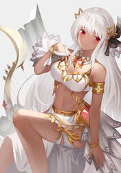  .l.l absurdres bow bracelet breasts cleavage dancing_archer_tinia dark-skinned_female dark_skin feet_out_of_frame female gem grey_background guardian_tales hair_ornament hand_up head_tilt highres jewelry long_hair looking_at_viewer medium_breasts navel red_eyes sitting sleeveless thighs weapon white_hair 