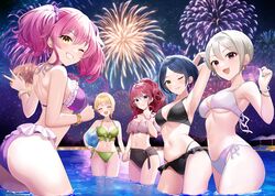  5girls ;d ^_^ aerial_fireworks armpits ass ball beachball bikini black_bikini blush bracelet breasts closed_eyes collarbone commentary_request fingernails fireworks frilled_bikini frills green_bikini grin hayami_kanade holding_hands ichinose_shiki idolmaster idolmaster_cinderella_girls jewelry jougasaki_mika large_breasts linea_alba lipps_(idolmaster) looking_at_viewer medium_breasts miyamoto_frederica multiple_girls nail_polish navel night night_sky one_eye_closed parted_bangs ponytail pool purple_bikini sakura_ran shiomi_syuko short_hair side-tie_bikini_bottom sky smile star_(symbol) stomach swimsuit thigh_gap twintails underboob w wading 