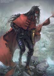  1boy black_hair cape clawed_gauntlets cloak covered_mouth final_fantasy final_fantasy_vii gloves headband highres long_hair male_focus messy_hair outdoors pale_skin pointed_footwear red_cloak red_eyes red_headband soan9 vincent_valentine watermark web_address 