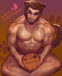  1boy abs absurdres animal_ears arkapami arm_hair bara beard blue_eyes brown_hair chest_hair completely_nude covering_crotch covering_privates crossed_legs facial_hair feet_out_of_frame hairy halloween happy_halloween highres jack-o&#039;-lantern kemonomimi_mode large_pectorals licking_lips male_focus mature_male monster_prom muscular muscular_male navel navel_hair nipples nude pectorals pumpkin pumpkin_hat scott_howl short_hair simple_background solo stomach tail thick_thighs thighs tongue tongue_out werewolf wolf_boy wolf_ears wolf_tail 