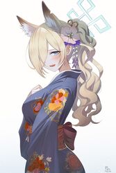  absurdres animal_ear_fluff animal_ears blonde_hair blue_archive blue_eyes blue_halo blue_kimono blush breasts dog_ears extra_ears female floral_print flower gangbyeon hair_flower hair_ornament hair_over_one_eye halo highres japanese_clothes kanna_(blue_archive) kimono large_breasts obi open_mouth sash sharp_teeth simple_background smile solo teeth wide_sleeves 