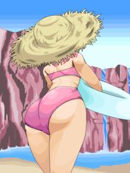  ass beach bikini day female from_behind hat innertube leaning_forward outdoors pastel_(twinbee) pink_bikini rf_(aruehu) solo straw_hat sun_hat swim_ring swimsuit twinbee water waterfall 