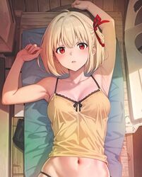  ai-generated armpits arms_up artistic_error black_panties blonde_hair blush breasts camisole female hair_ornament jpeg_artifacts looking_at_viewer lycoris_recoil lying md5_mismatch medium_breasts navel nishikigi_chisato on_back on_bed open_mouth panties pov red_eyes resolution_mismatch short_hair solo source_larger stomach sunlight underwear whirlpai wrong_hand yellow_camisole 