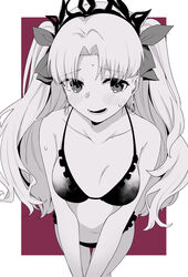  alternate_costume bikini black_tiara blonde_hair blush border breasts commentary earrings ereshkigal_(fate) fate/grand_order fate_(series) female greyscale_with_colored_background hair_ribbon highres hoop_earrings jewelry long_hair open_mouth red_background ribbon simple_background solo sweat sweatdrop swimsuit tanuki_(siutkm0228) tiara white_border 