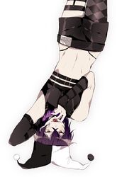  1boy absurdres asymmetrical_legwear black_hair black_shirt black_shorts crop_top dance_with_devils garter_straps hat highres jester_cap male_focus natsumezaka_shiki purple_hair qi7pi red_eyes shirt short_hair shorts solo upside-down white_background 