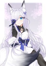  absurdres animal_ear_fluff animal_ears azur_lane blue_eyes blush breasts female fox_ears hair_ornament hair_over_one_eye highres kasumi_(azur_lane) kasumi_(retrofit)_(azur_lane) long_hair long_sleeves looking_at_viewer simple_background solo tail very_long_hair white_hair yukarume_(yukarume0927) 