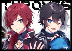  2boys axia_krone axia_krone_(1st_costume) bad_id bad_pixiv_id black_hair blue_eyes fingerless_gloves gloves green_eyes highres hood hood_down lauren_iroas lauren_iroas_(1st_costume) long_sleeves male_focus multiple_boys nail_polish nijisanji one_eye_closed pale_skin red_hair smile virtual_youtuber ytuorvi 