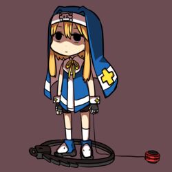  1boy bike_shorts black_gloves blonde_hair blue_dress bridget cuffs dress fingerless_gloves full_body gloves guilty_gear guilty_gear_xx habit handcuffs looking_at_viewer male_focus nun otoko_no_ko shaded_face short_hair_with_long_locks solo standing suparu_(detteiu) yo-yo 